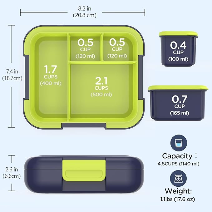 Caperci Bento Box for Kids - Leak-Proof Lunch Box Snack Container with 2 Modular Containers & 4-Compartment, Hold 4.8 Cups, Portable Handle, BPA-Free, Microwave/Dishwasher Safe (Dinosaur)
