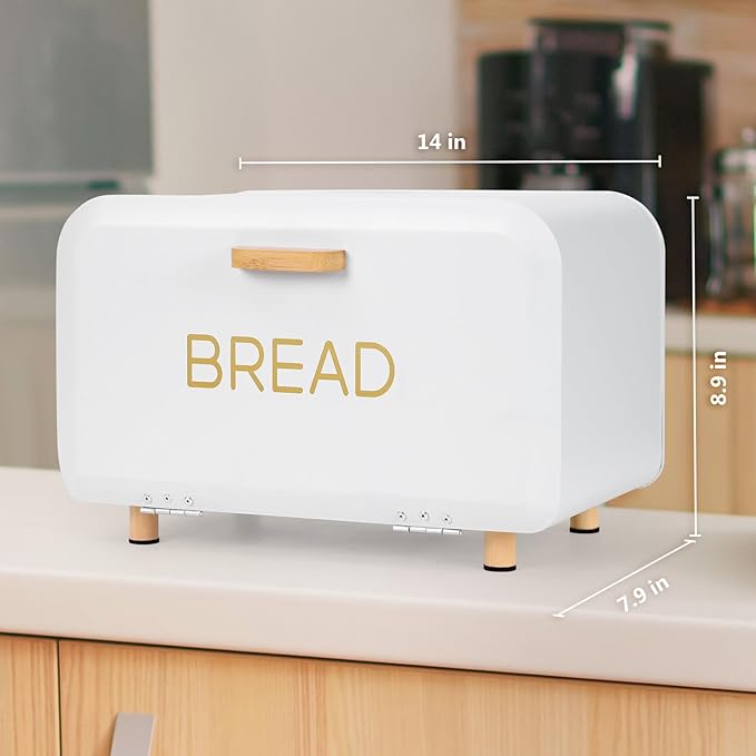 White Bread Box for Kitchen Countertop - Large Capacity Bread Storage Container Farmhouse Bread Box - Stylish Metal Bread Keeper