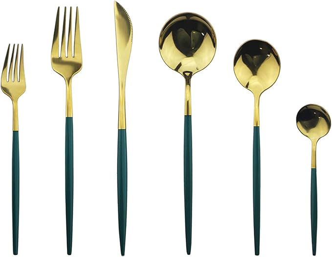 JASHII 18/10 Silver Silverware Set Stainless Steel Flatware Utensils Set Gold Cutlery Set| 36-Piece Modern Cubiertos Dorados| BEST Birthday Wedding Gift (6 sets, Green Handle Gold Mirror Polish)