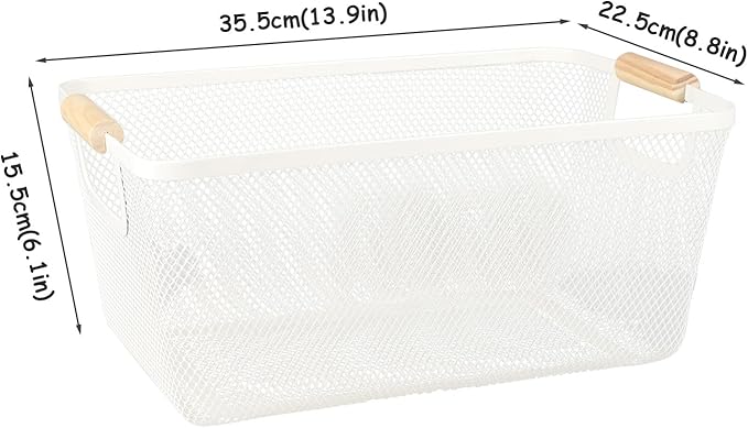 Potato and Onion Storage Bin, 2 Set Potato Bin Storage and Onion Container with Wooden Handle, Pantry Kitchen Organization and Storage, Metal Mesh Baskets for Fruit, Vegetable, Produce-White