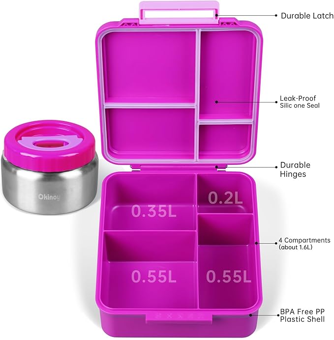 Bento Lunch Box for Kids With 8oz Soup Thermo, Leakproof Lunch Compartment Containers with 4 Compartment Bento Box, Thermo Food Jar, BPA Free,Travel, School