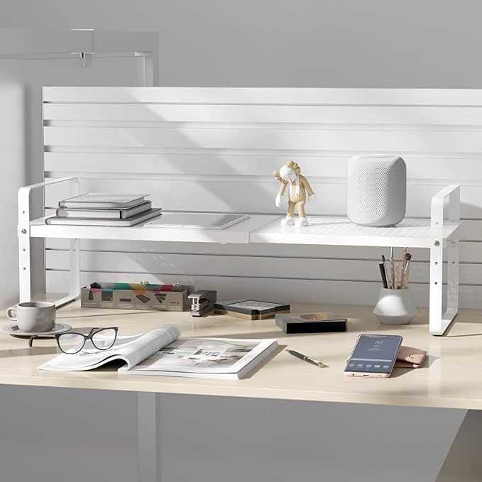 Expandable Cabinet Shelf Organizer Adjustable Metal Spice Rack Stackable Freestanding Counter Storage Shelves for Kitchen Cabinet Under Sink Office Desk (White - 3Pack - L16.5-27'' * W8'' * H9.6'')