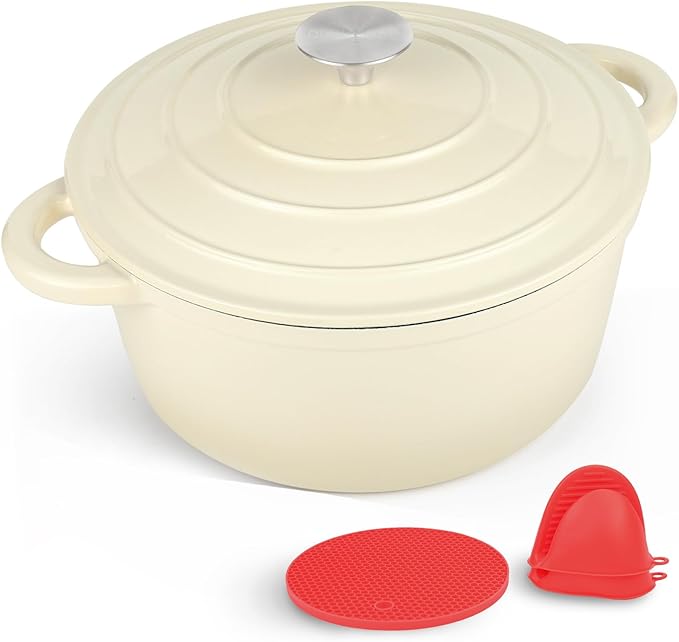 6 Quart Enameled Cast Iron Dutch Oven Pot with Lid and Silicone Accessories, Oven Safe up to 500°F or on Stovetop, Non-stick Dutch Oven for Bread Baking, Cooking, Dual Handles Cookware, Beige