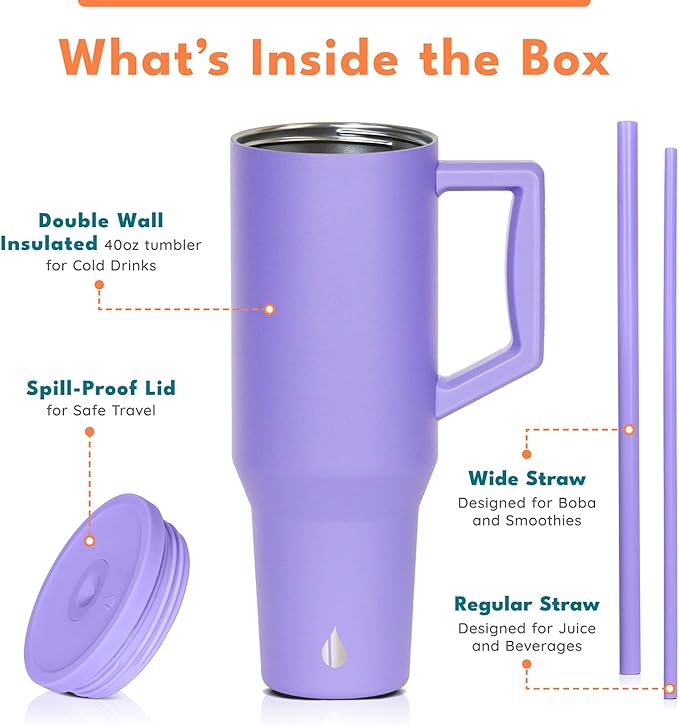 Elemental 40 oz Tumbler with Handle and Straw - Spill Proof Insulated Stainless Steel Commuter for Hot and Cold Beverages - Travel Coffee Mug with 2 Straws & Spill Proof Lid - 40oz - Lavender