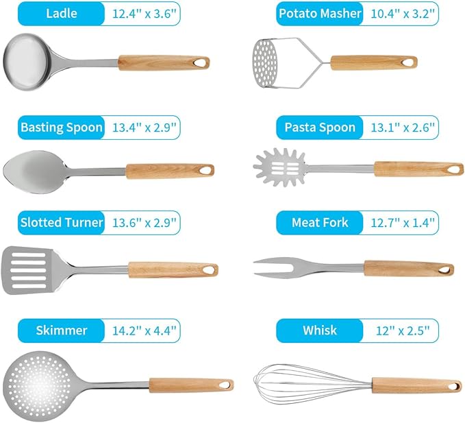 Keewah Cooking Utensil Set, 8 Piece, Stainless steel with Wood Handle