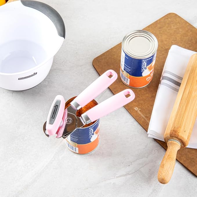 Restaurantware Comfy Grip 7.6 x 1.9 x 2.1 Inch Can Opener 1 Durable Manual Can Opener - Sharp Wheel Blade Grip Handle Pink Stainless Steel Hand-Held Can Opener Built-In Bottle Opener