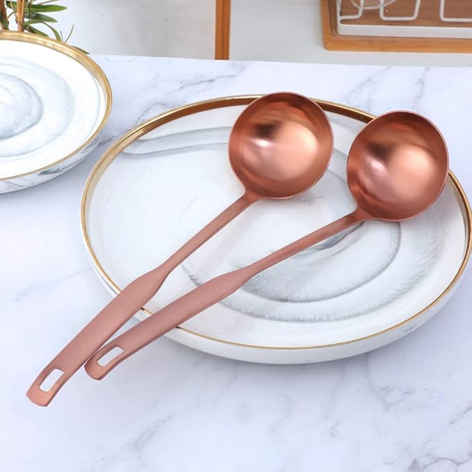 Buyer Star 2 Pcs Soup Ladle Spoons, Rose Gold Cookware Serving Long Handle Steel Slotted Spoon Cooking Utensil Set for Hotpot