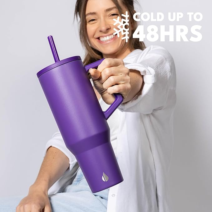 Elemental 40 oz Tumbler with Handle and Straw - Spill Proof Insulated Stainless Steel Commuter for Hot and Cold Beverages - Travel Coffee Mug with 2 Straws & Spill Proof Lid - 40oz - Purple