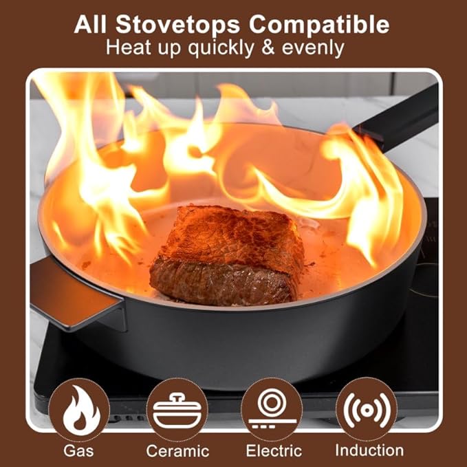 11 Inch All in One Pan with Lid Ceramic Nonstick and 9.5 Inch Circle Pan,Multifunctional Pan Sets for Vertasile Cooking (Black)
