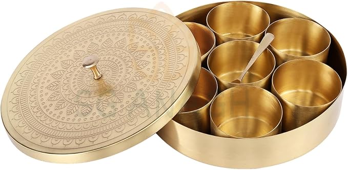 Brass Round Spice Box Masala Dabba-Spice Box Set With Spoon Container 90 ML Indian Masaladanni for Kitchen Counter With Spoon (Mandala, 9 Inch (Large Family))