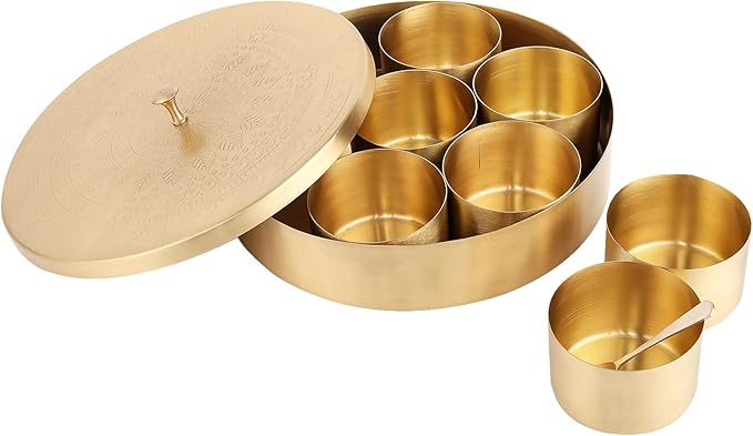 Brass Round Spice Box Masala Dabba-Spice Box Set With Spoon Container 80 ML Indian Masaladanni for Kitchen Counter With Spoon (Mandala, 7 Inch (Small Family))