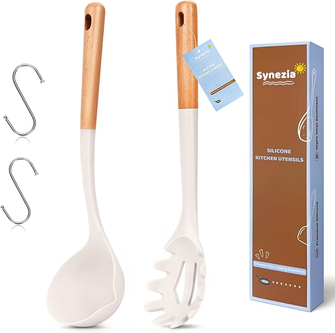 Silicone Soup Ladle Spoon, Kitchen Soup Cooking Spoons Set, Large Spaghetti spoon, Nonstick Pasta Spoon, Heat Resistant Pasta Fork for Serving Soup, Noodle, Sauce