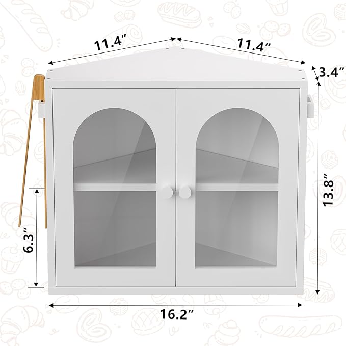 WOWLIVE Corner Bread Box for Kitchen Countertop, 2 Tier Bamboo Bread Storage Container for Homemade Bread with Clear Acrylic Door Panel, Large Bread Bin Farmhouse Breadbox Organizer (White, Medium)