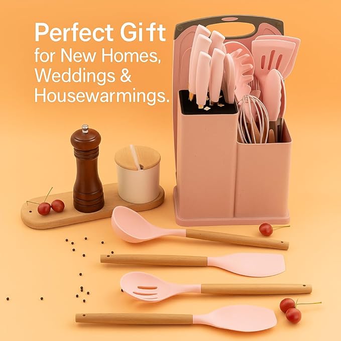 19-Piece Pink Kitchen Utensils Set - Silicone Cooking Utensils, Non-Toxic Spatula Set, Kitchen Tools, Cutting Board, Pink cooking utensils set