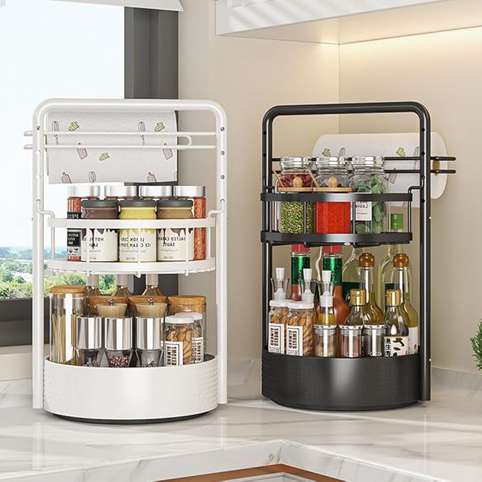 JEESA Lazy Susan Organizer, 360° Rotating Metal Spice Rack with Paper Towel Holder, Turntable Spice Holder for Condiments, Bottles, Jars, Suit for Kitchen Countertop & Cabinet, Black