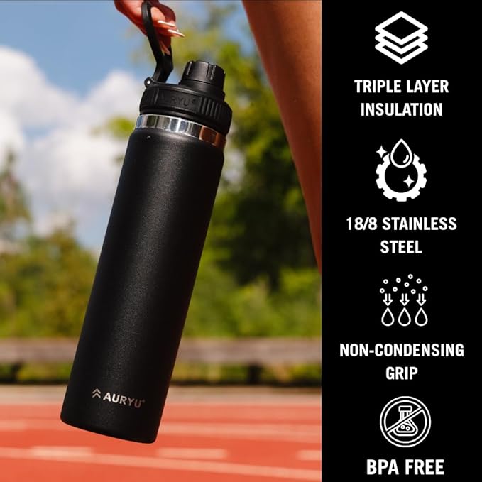 Black 24oz Triple-Walled Stainless Steel Water Bottle – Leak Proof, BPA-Free Thermos with Bonus Spout Lid – Wide Mouth Flask for Travel, Hiking, Gym, Hot & Cold Use