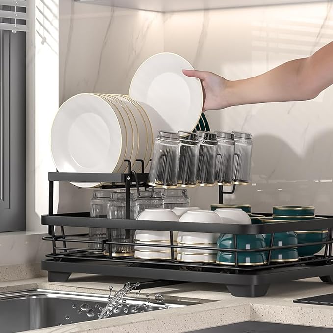 2-Tier Large Dish Drying Rack, Black Kitchen Counter Organizer with Detachable Design, Utensil Holder, Drainer for Plates, Bowls and Glassware