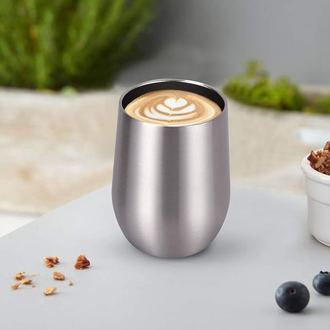 6 Pack Stainless Steel Wine Tumblers, 12Oz Insulated Wine Tumbler, Double Wall Insulated Wine Glass, Stainless Steel Stemless Wine Cups with Lids for Coffee, Wine, Cocktails, Champaign, Silver