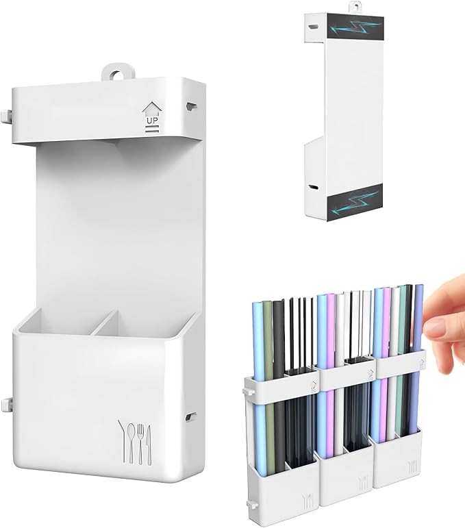 Magnetic Straw Holder for Cabinet Door, Silicone Straw Organizer,Straws Storage Container with Double Sided Adhesive,Reusable Straw Dispenser for Kitchen Fridge Cupboard (White)