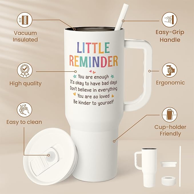 Inspirational Tumbler with Handle 40oz, Positive Reminder Coffee Cups Stainless Steel Travel Mug, Daily Inspiration Motivational Gifts for Women Girls Friends Coworker, Gift for Birthday Christmas
