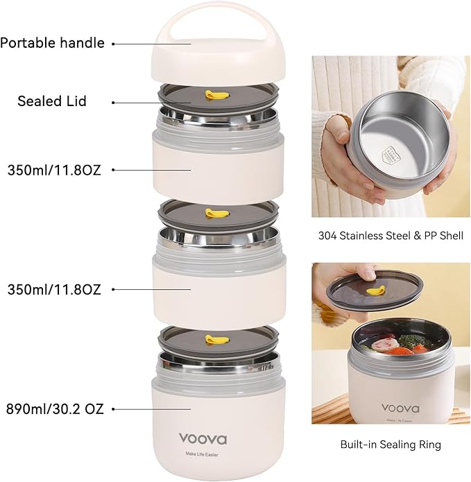 Voova Stackable Stainless Steel Thermal Lunch Box with Lunch Bag and Cultery Set for Adult Women Men, 3 Tier Leakproof & Microwave Safe Insulated Bento Boxes Food Container for Work, Beige