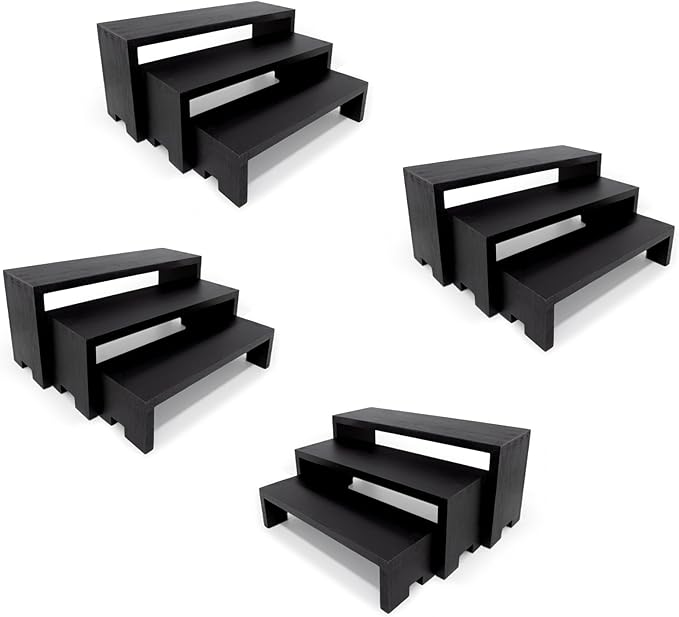 12Pcs Black Display Riser Wood Risers Cupcake Stand 3 Tier Racks Decorative Rectangular, 4 Set Cologne Perfume Organizer Dessert Stands for Vendors Event