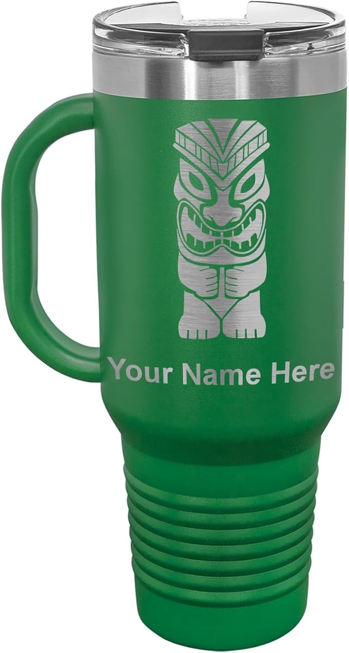 LaserGram 40oz Vacuum Insulated Travel Mug with Handle, Tiki Statue, Personalized Engraving Included (Green)