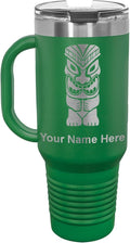 LaserGram 40oz Vacuum Insulated Travel Mug with Handle, Tiki Statue, Personalized Engraving Included (Green)