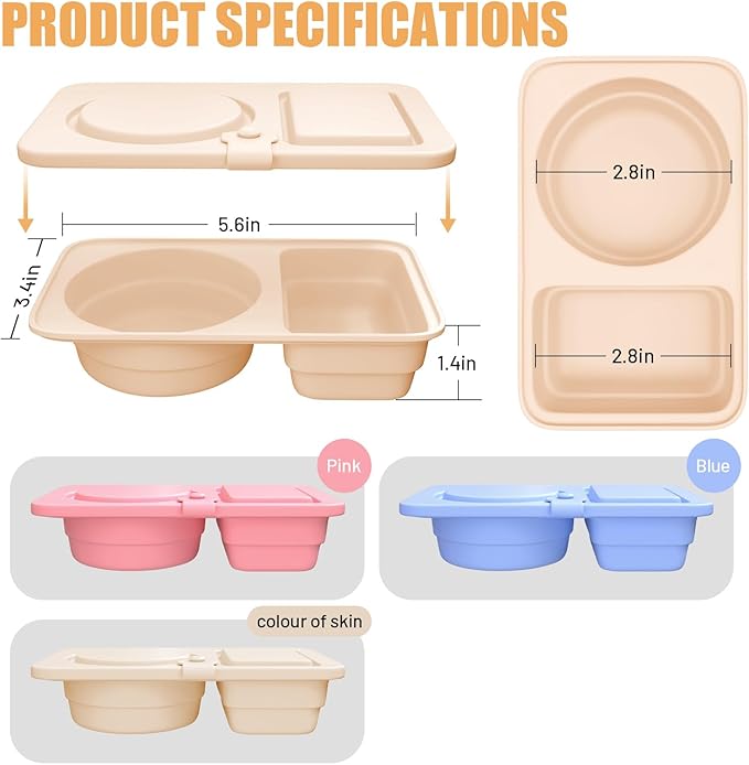 3 Pack Reusable Snack Containers with Lids, Silicone Double Compartment Snack Box Container, Small Mini Snack Pack Containers for Travel, Picnic, Work