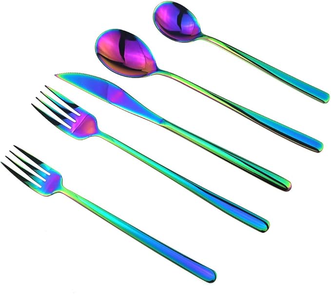 JASHII Mirror Polished Rainbow 30-Piece SUS304 Stainless Steel Flatware Set,Colorful Silverware Set Dinner Knife Fork Spoon Dessert Fork Salad Spoon Service for 6