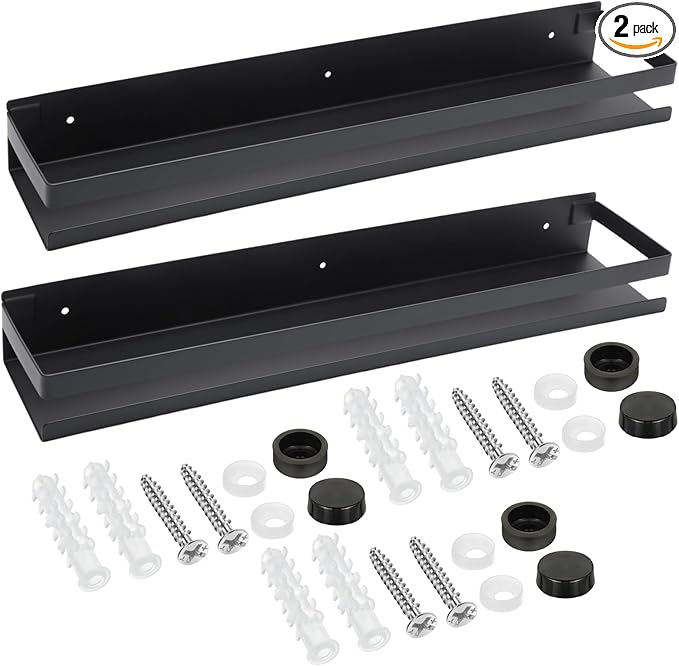Lallisa 2 Pieces Stainless Steel Shelf Bathroom Shower Floating Shelves Wall Mounted Shower Caddy Basket Shelf Storage Organizer Shelves for Bathroom, Kitchen, Living Room(19.69 Inches/ 50 cm,Black)