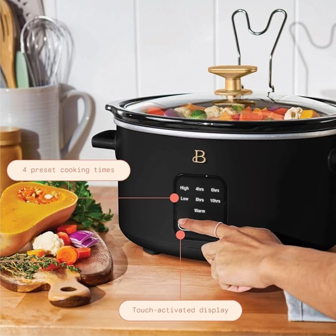Beautiful by Drew Barrymore 4Qt Slow Cooker, Touch-Activated Display, 4 Presets, Auto Warm, Dishwasher-Safe Pot. (Black)