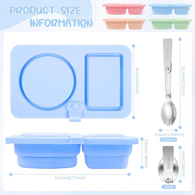 4 Pack Silicone Reusable Snack Containers with Lids, Double Compartment Snack Containers with Foldable Fork, Small Size for Sauce Containers, Travel, School, Office & Picnic