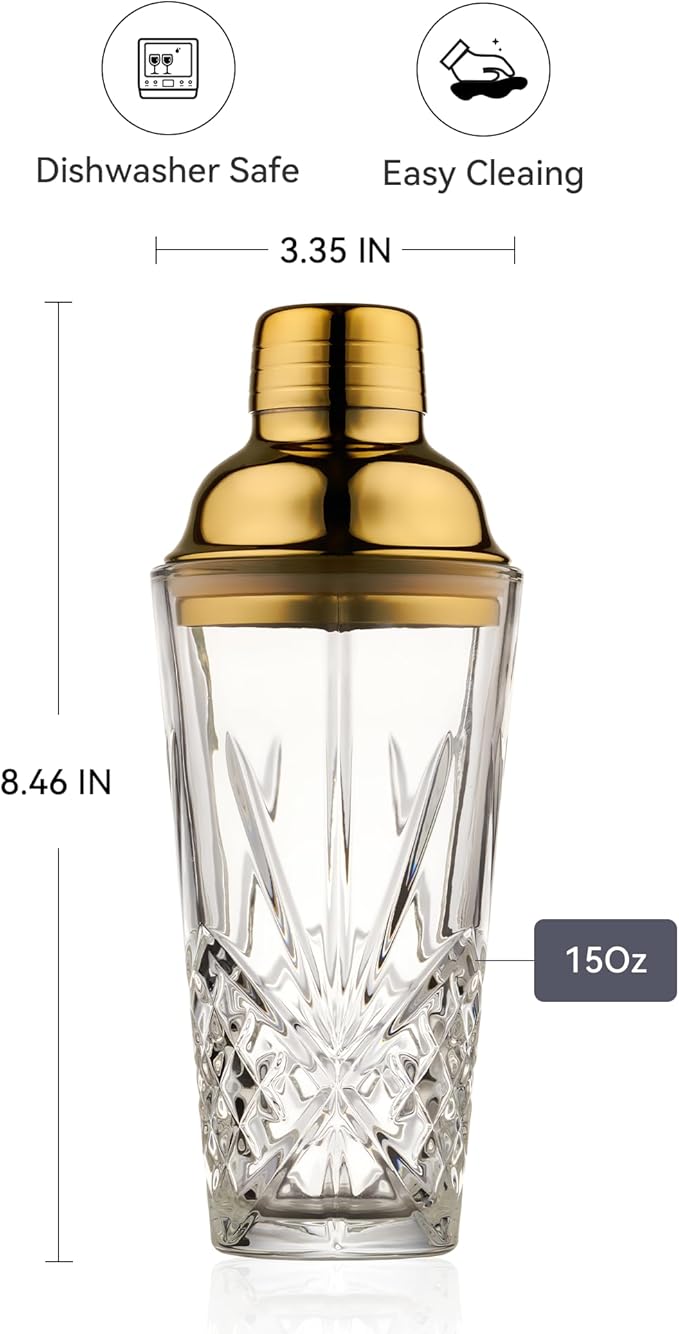 Gold Christmas & New Year Holiday Glass Cocktail&Martini Shaker-15oz, Cutting,Crafting Desgin-Exquisite for Elevated Mixology,Barware, Tableware, Kitchware, House,Espresso Funny Drink Shaker Tool.
