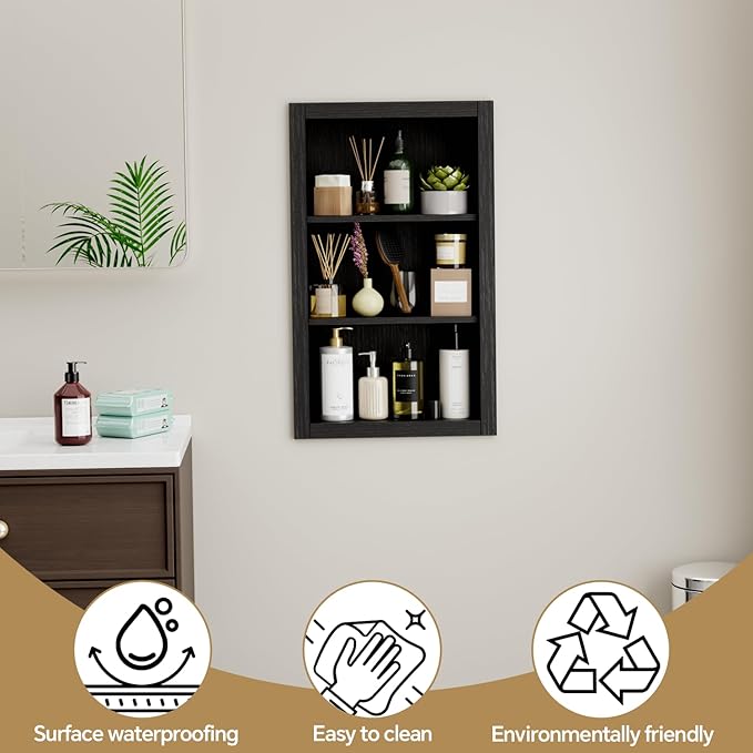 14'' * 24'' Recessed Medicine Cabinet Wall Niche Wood, 3-Tier Bathroom Niche Insert for Drywall, in Wall Shelf Medicine Cabinets Replacement, for Living Room, Bathroom Storage, Black