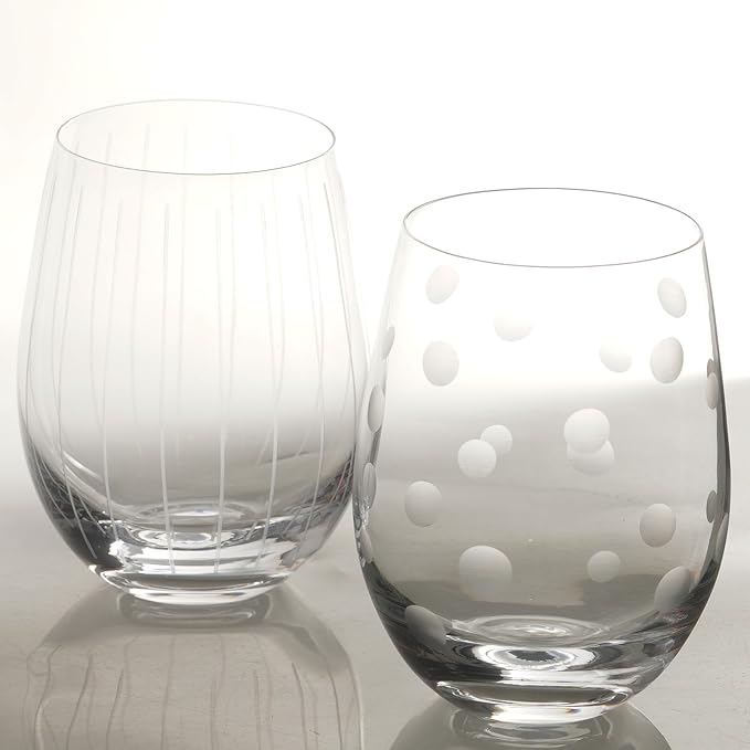 Etched Stemless Wine Glasses for Red or White Wine (Set of 2), 18-Ounces, Large Wine Glasses for Cabernet, Pinot Noir, Burgundy, Bordeaux (Lines+Dots)