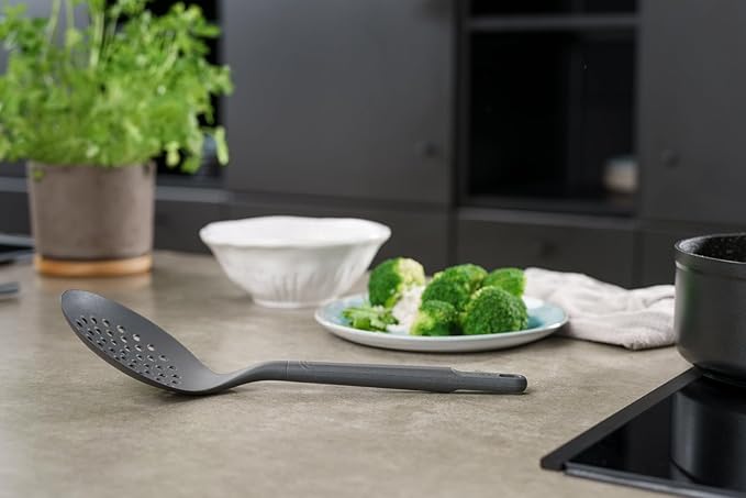 Zyliss E980232 Skimmer, Sustainable Wheatstraw/Nylon, Cooking Spoon with Holes for Skimming/Draining, Non Stick, Heat Resistant Silicone Head, Beluga Grey, 13.2" X 4.8", Dishwasher Safe