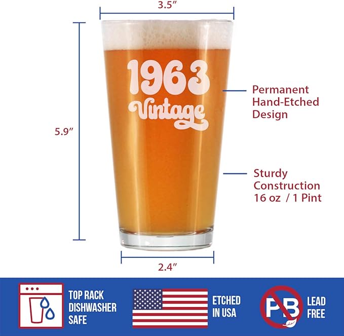 Vintage 1963 Pint Glass for Beer - 62nd Birthday Gifts for Men or Women Turning 62 - Fun Bday Party Decor - 16 oz