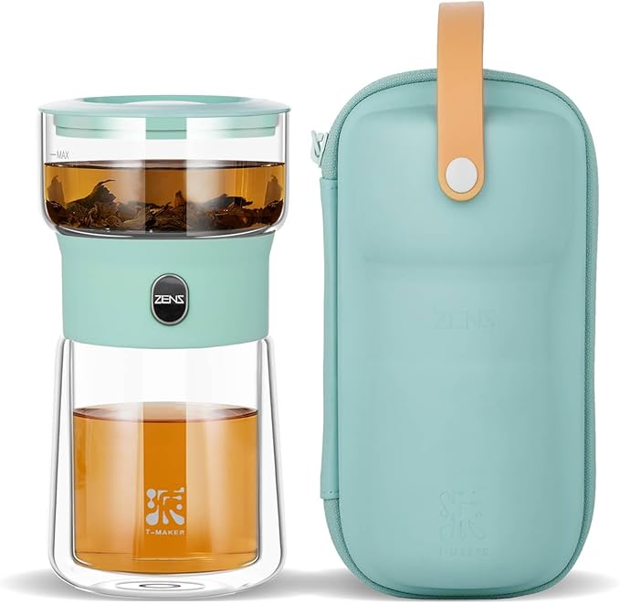 ZENS Modern Glass infuser Teapot, Small One Touch Tea Maker for Loose Tea Diffusers with 200ml Insulated Cup and Blue Portable Carry Case, Magic Gongfu Tea Pot for Tea Lovers Gifts
