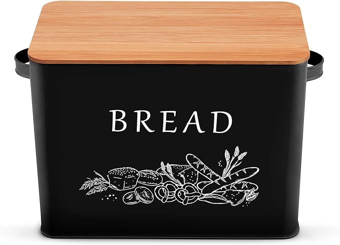 P&P CHEF Bread Box for Kitchen Counter, Metal Bread Storage Bin with Wooden Cutting Lid, Large Capacity for Holding 2+ Loaves, Retro Modern Style, Size 13” x 7.2” x 9.7”, Black