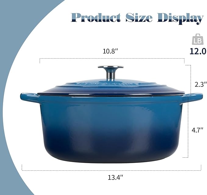 Enameled Cast Iron Dutch Oven Pot With Lid for Cooking, Bread Baking, Bread Oven, 5.5 Quart, Lake Blue