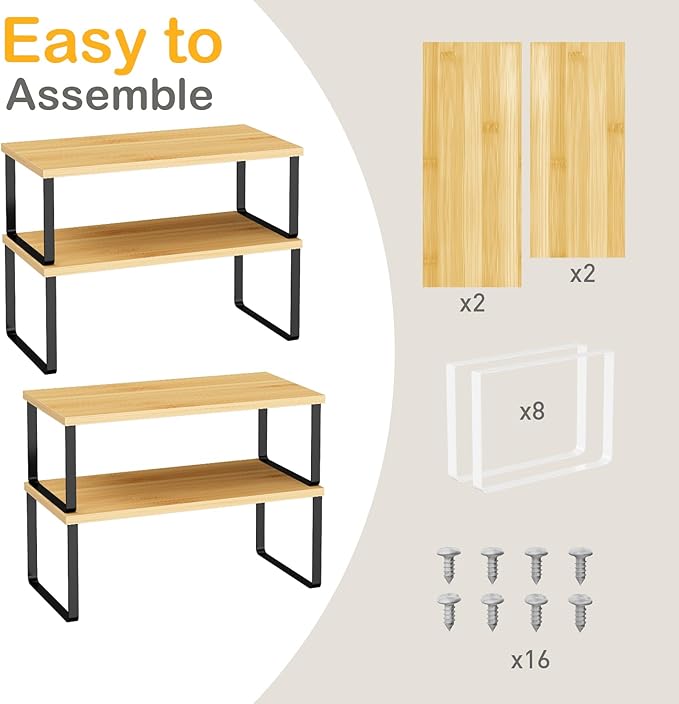 Cabinet Shelf Organizers, 15.7 inches Large Kitchen Counter Shelf, Set of 4 Wood Kitchen Pantry Organizer, Storage Shelves for Countertop, Spice Rack, Stackable, Expandable, Metal Black, Nature