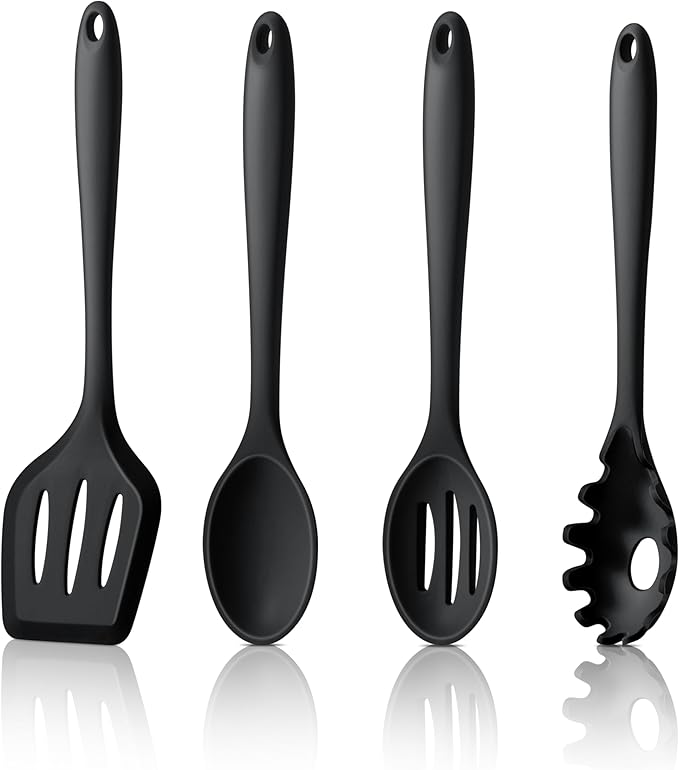 LIANYU Kitchen Utensils Set, 4Pcs Silicone Cooking Utensils, Heat Resistant Kitchen Tools for Stir Frying, Serving, Mixing, Include Turner, Spoon, Pasta Server, Dishwasher Safe, Black