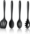 LIANYU Kitchen Utensils Set, 4Pcs Silicone Cooking Utensils, Heat Resistant Kitchen Tools for Stir Frying, Serving, Mixing, Include Turner, Spoon, Pasta Server, Dishwasher Safe, Black