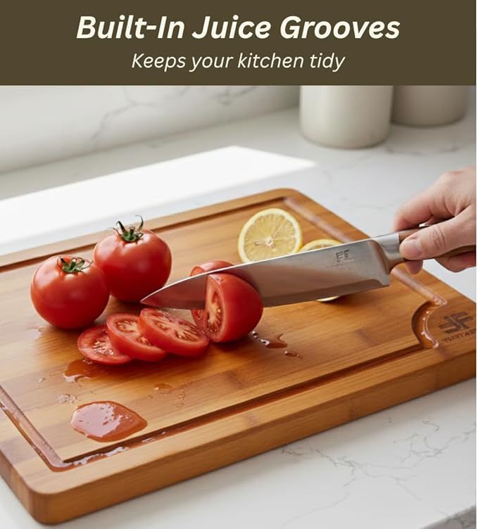 Bamboo Cutting Board for Kitchen, set of 3, Wooden Chopping Board Set with Deep Juice Grooves & Built-In Handles, Knife-Safe Wooden Chopping Boards for Meats, Veggies & Fruits