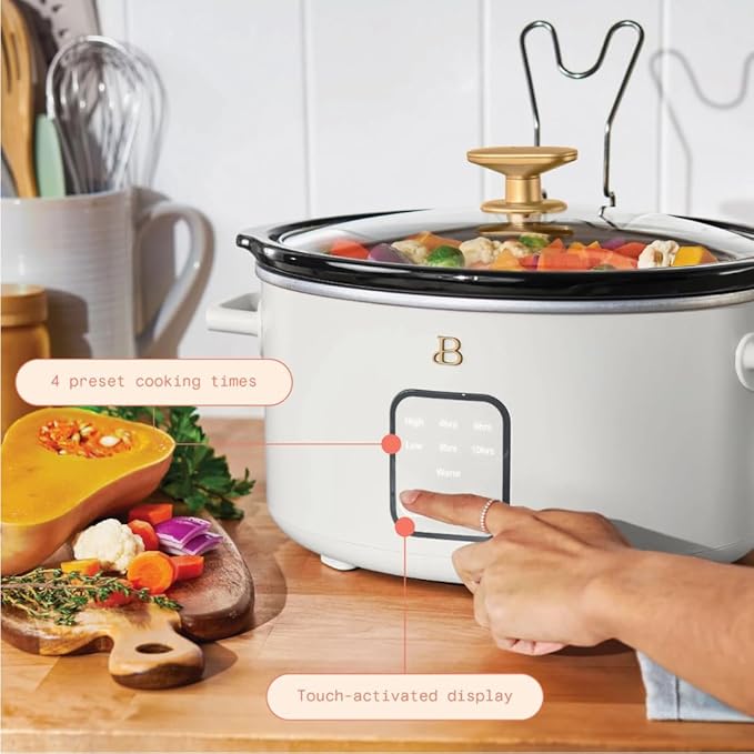 Beautiful 4-Quart Slow Cooker with Touch-Activated Display, Programmable Digital Controls, Removable Non-Stick Pot, Keep Warm Function, by Drew Barrymore (White Icing)