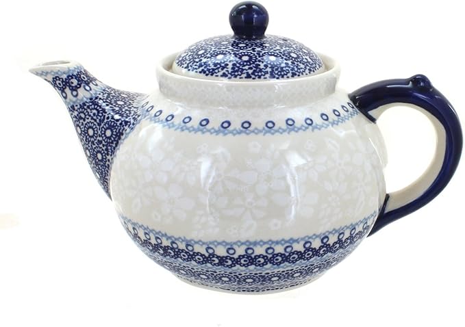 Blue Rose Polish Pottery - Off-white Victoria Teapot - 5 Cup Capacity - Hand-Painted Polish Pottery Ceramic Coffee & Tea Server