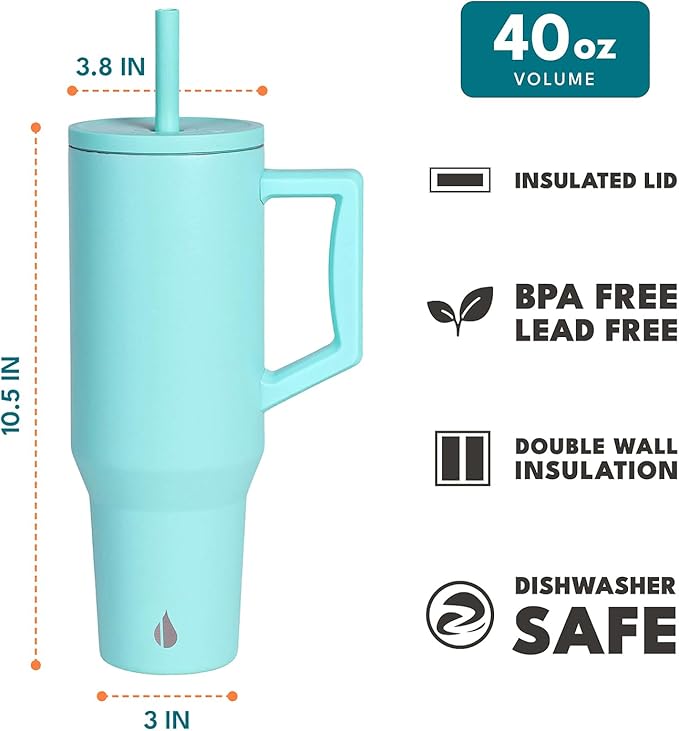 Elemental 40oz Tumbler with Handle and Straw - Spill Proof Insulated Stainless Steel Commuter for Hot & Cold Beverages - Travel Coffee Mug with 2 Straws & Spill Proof Lid - 40 oz - Robin's Egg