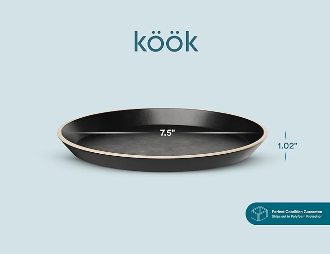 KooK Salad Plates, Ceramic Round Dishes for Appetizers and Desserts, Dishwasher & Microwave Safe, Stoneware, High Edge, 8.5 Inch, Set of 6, Charcoal Black