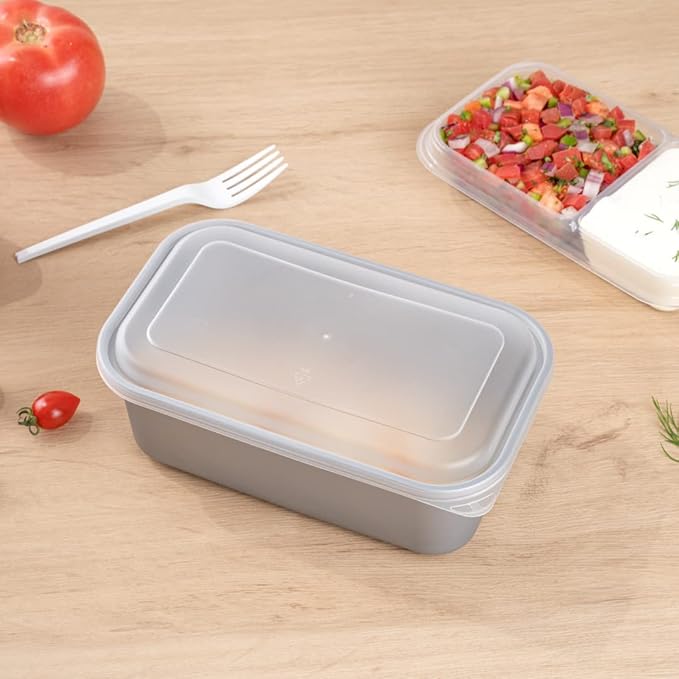 Restaurantware Futura 43.9 Ounce Meal Prep Containers With Lids 100 Microwavable To Go Containers - Inserts Sold Separately Disposable Silver Plastic Food Containers With Lids